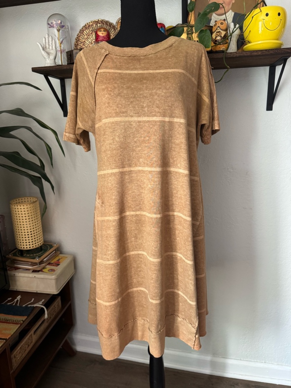 Oska Casual Striped Asymmetrical Taupe Hemp Fiber Swing Dress